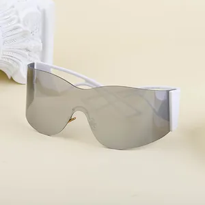 Futuristic white frame Y2K sports sunglasses with dark lenses from a 45-degree angle view