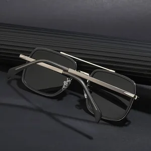 Modern square frame sunglasses with silver metal temples and double bridge design