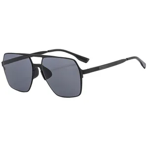 Mens vintage oversized square polarized sunglasses with matte black metal double bridge frame