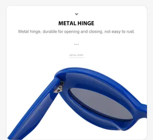 Close-up of the durable metal hinge and sizing details on blue sunglasses temples