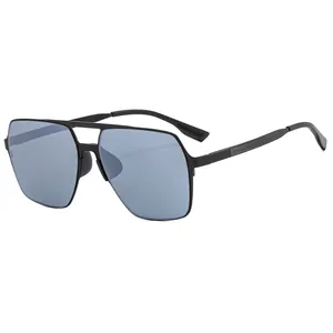 Classic men's square polarized sunglasses with black double-bridge metal frame and blue lens