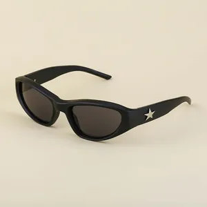 Matte black Y2K star wrap sunglasses with silver star detail and dark grey lenses