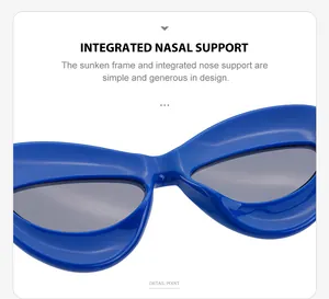 Detail of integrated nasal support on bold blue lip-shaped fashion sunglasses