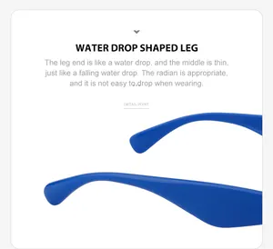 Detail of bright blue water drop shaped sunglass legs with ergonomic anti-slip design