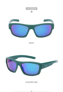 Front- und 45-Grad-Seitenansicht der grünen Radsport-Sonnenbrille mit blauen Gläsern