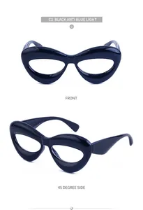 Front and 45-degree side view of black lip-shaped anti blue light novelty glasses