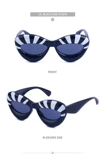 Front and 45-degree side views of black cat-eye sunglasses with white side stripes