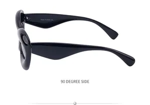 Detailed side view of bold black resin sunglasses frame with CE safety certification