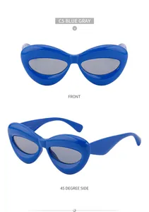 Front and side view of C5 blue gray thick frame oversized sunglasses with wide temples