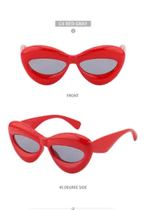 Front and 45-degree side views of red inflated lip-shaped sunglasses with grey lenses