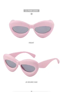 Close-up of pink puffy frame sunglasses with grey lenses in front and side views