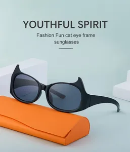 Lunettes de soleil chat noir créatives posées sur un étui orange de haute qualité