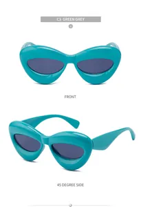 Detailed front and side views of green heart lip sunglasses with grey lenses