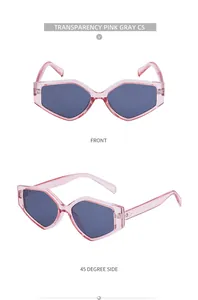 Detailed views of geometric polygonal sunglasses in transparent pink with grey lenses
