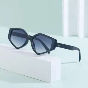 Polygonal sunglasses with matte black frames and gradient lenses on a modern background