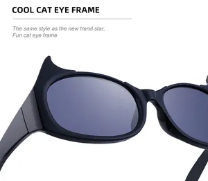 Détail de lunettes de soleil œil de chat noires avec coins pointus et finition brillante