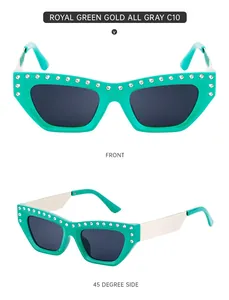 Detailed views of Royal Green cat eye sunglasses with rhinestones and gold metal temples