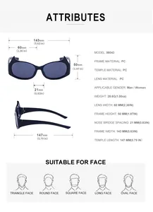 Spécifications de taille pour lunettes de soleil Y2K PC avec largeur de 143mm