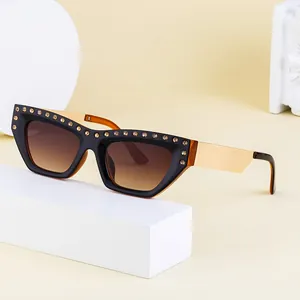 Fashion cat-eye sunglasses for women with rhinestone inlay and gold metal temples