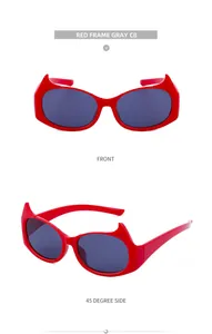 Vues de face et à 45 degrés des lunettes de soleil Y2K œil de chat avec monture rouge