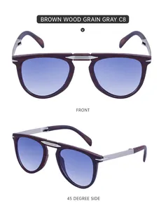 Detailansicht der faltbaren Sonnenbrille in Holzoptik mit blauem Verlauf und Silberakzenten