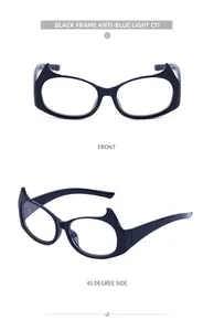 Vues de face et de côté des lunettes œil-de-chat noires anti-lumière bleue C11