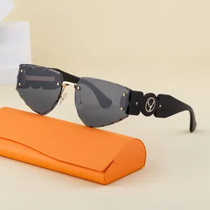 Frameless sunglasses with faceted wave lenses and deer logo temple on an orange case