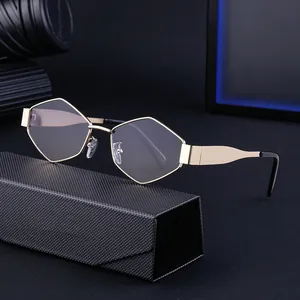 Lunettes de soleil hexagonales en métal avec branches larges et monture dorée