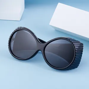 Detail of black oval sunglasses featuring steampunk shutters and gray tinted lenses