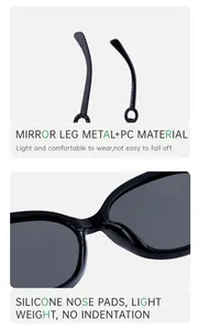 Close-up of polarized cat eye sunglasses showing metallic hinges and soft silicone nose pads