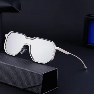 Futuristic silver geometric polygon sunglasses for men with a metallic mirror lens and case
