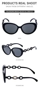 Detail of polarized cat-eye sunglasses featuring golden chain temples and black frame