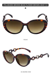 Detail view of polarized tortoiseshell cat eye sunglasses with golden metal chain temples
