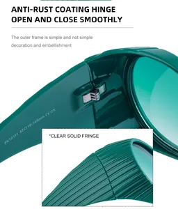 Detail view of anti-rust hinges and CE mark on oval oversized sunglasses frame