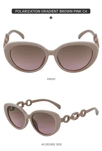 Macro front and side views of cat eye polarized sunglasses with metal chain temples
