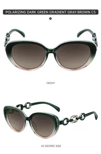 Detail view of polarized cat-eye sunglasses with gradient green frame and chain temple design