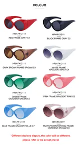 Detailed grid showing 8 trendy oval oversized sunglasses in various vibrant colors
