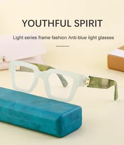 Detalle de montura de gafas cuadrada verde translúcido con patillas de efecto mármol