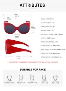 Detailed size specifications for oval frame sunglasses showing dimensions and PC material info