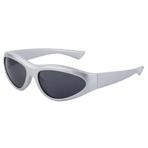 Y2K style silver wrap sports sunglasses with dark lenses shown in a 45-degree side view