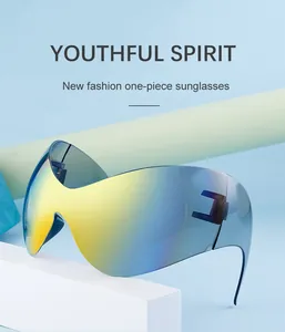 Detail of colorful gradient one-piece wraparound sunglasses with mirror coating