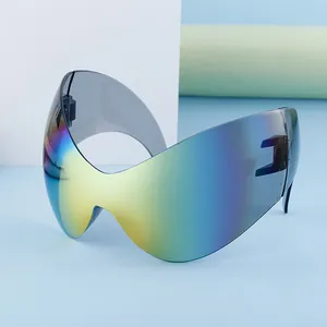 Detail of wraparound sports sunglasses with colorful gradient mirror lenses and sleek frame