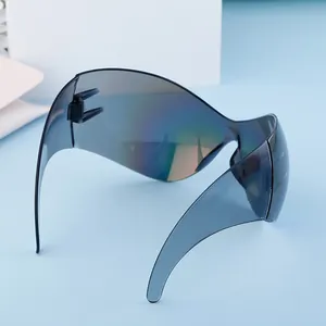 Side view of Y2K wrap-around sunglasses with iridescent grey lenses and sleek frames