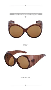 Detail view of oval dark brown fashion sunglasses with side shield texture, C3 color