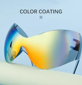 Macro view of wrap-around sports sunglasses with vibrant blue color coating lens