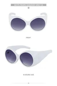 Detailed views of white oversized oval sunglasses with gradient gray lenses and C4 frame