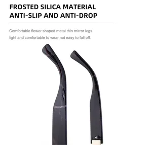 Detalle de terminales de silicona mate antideslizantes y patillas de metal de las gafas