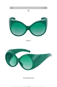 Front and 45-degree side view of oval sunglasses with green wave textured frames C5