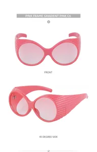 Close-up of pink cat-eye sunglasses featuring unique vertical ribbed temple texture details