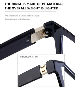 Detalle del bisagra metálica en la montura de gafas cuadradas de PC ligero